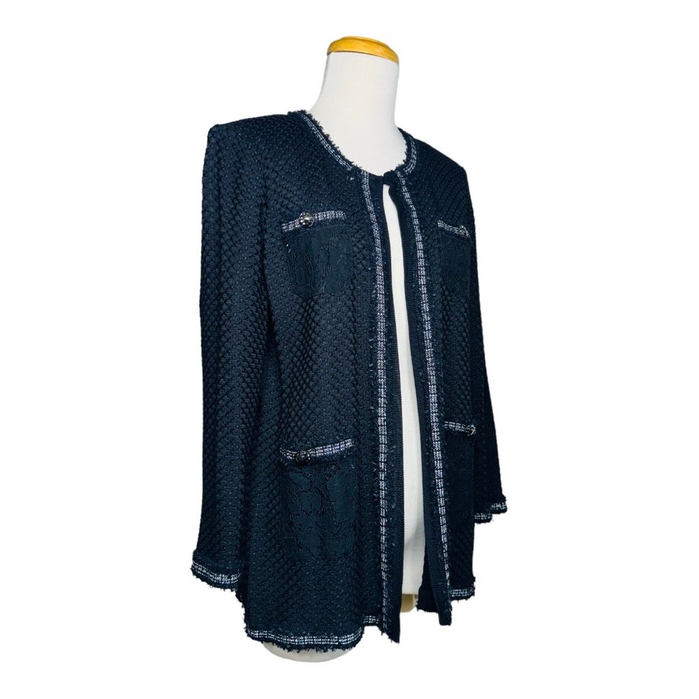 Misook Embroidered Knit Jacket 3/4 Sleeve Lace Patch Embellished Buttons Black M - Picture 4 of 16
